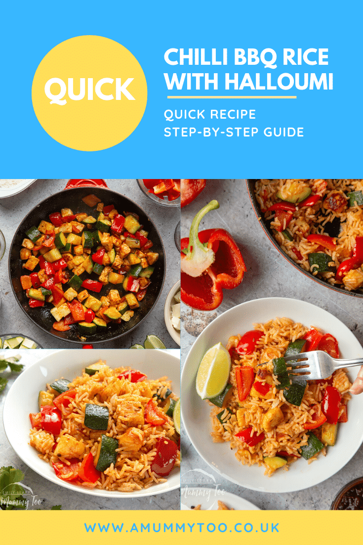 QUICK CHILLI BBQ RICE WITH HALLOUMI QUICK RECIPE STEP-BY-STEP GUIDE with collage of three photos of s[icyhalloumi bbq rice with website URL below