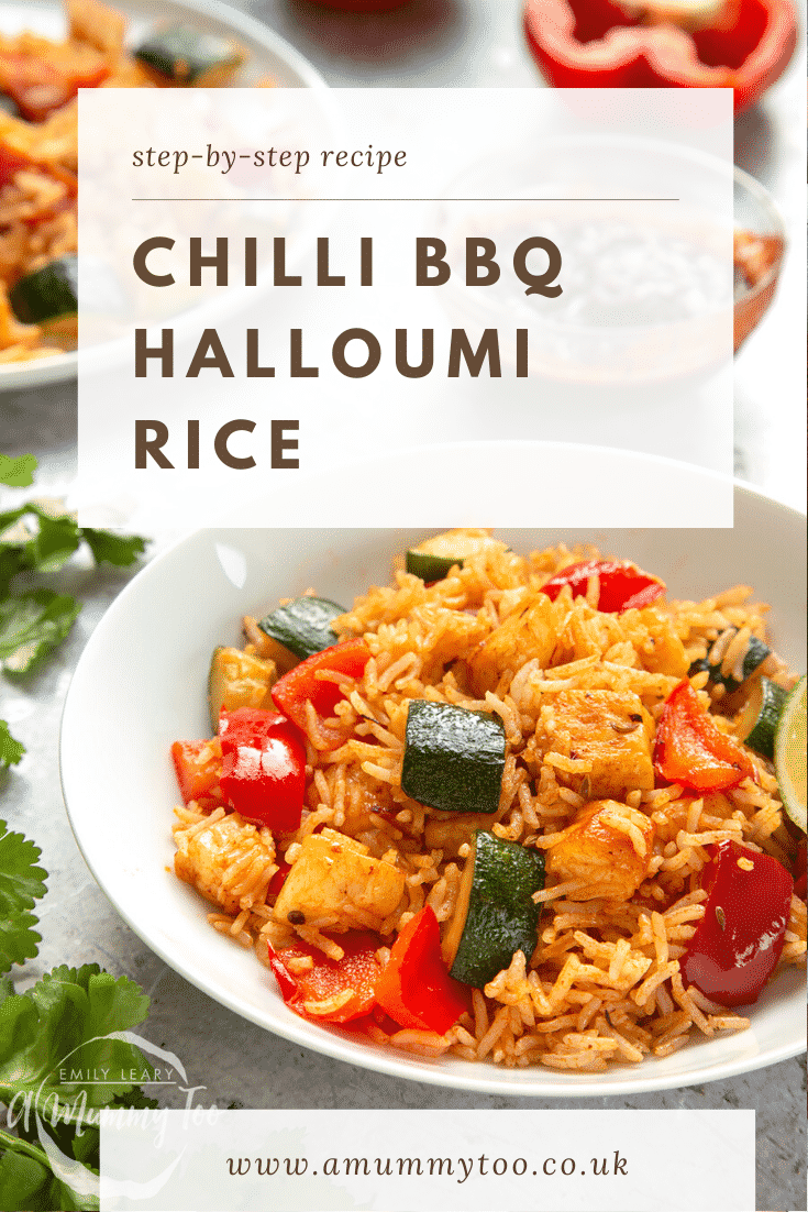 graphic text step-by-step recipe CHILLI BBQ HALLOUMI RICE above Front angle shot spicy bbq rice with website URL below