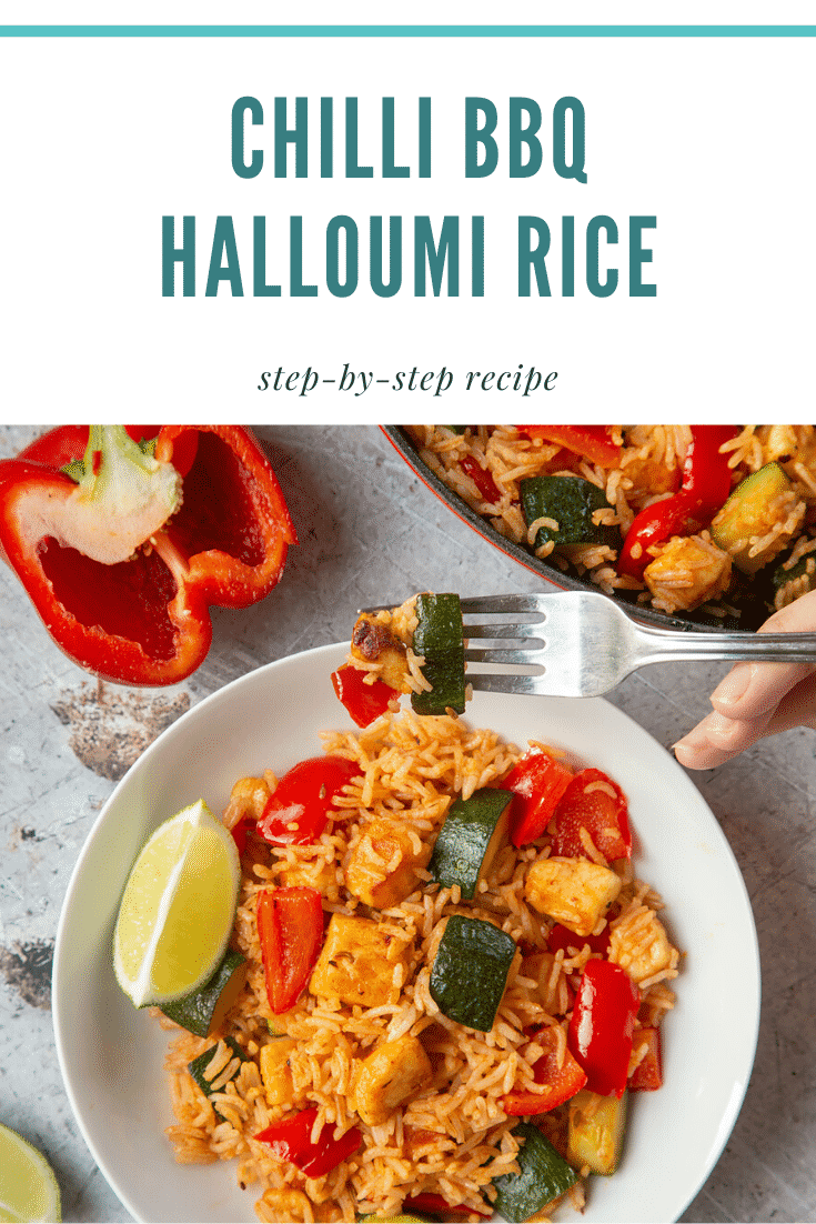 graphic text CHILLI BBQ HALLOUMI RICE step-by-step recipe above overhead shot of chilli bbq halloumi rice