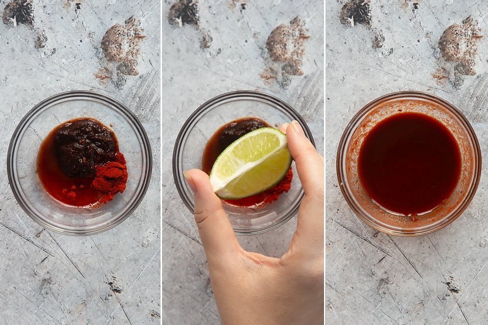 Colage of three photos of mix the chipotle chilli sauce, maple syrup, smoked paprika and lime juice in a clear bowl and a hand squeezing a lime