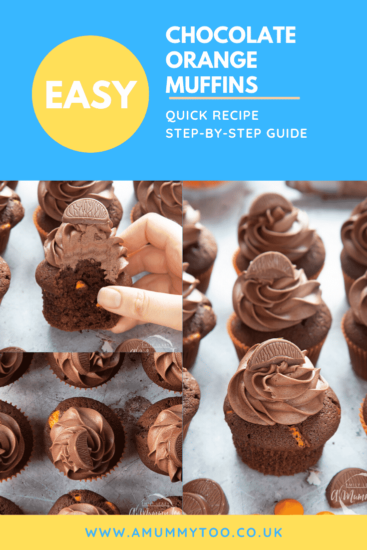 graphic text EASY CHOCOLATE ORANGE MUFFINS QUICK RECIPE STEP BY STEP GUIDE above collage of three photos of  chocolate orange muffins  with website URL below