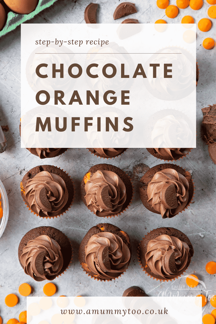 graphic text step-by-step recipe CHOCOLATE ORANGE MUFFINS above  Overhead shot of super decadent chocolate orange muffins with website URL below