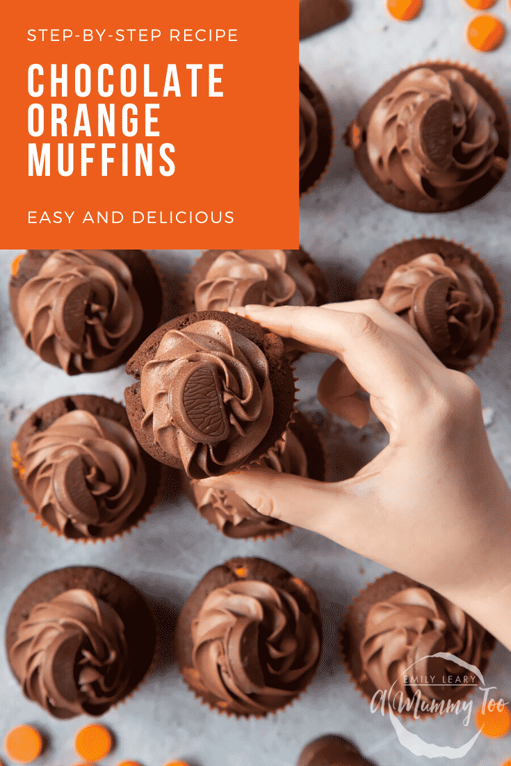 graphic text STEP-BY-STEP RECIPE CHOCOLATE ORANGE MUFFINS EASY AND DELICIOUS above Overhead shot of a hand holding chocolate orange muffin with a mummy too logo in the lower-right corner