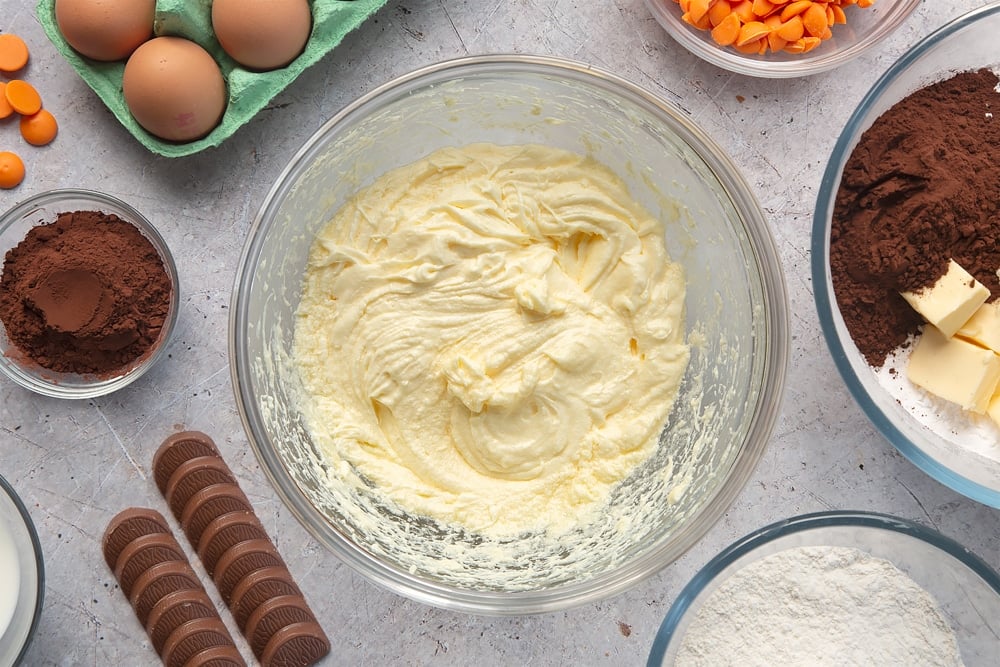 Overhead shot of butter mixture in a large mixing bowl