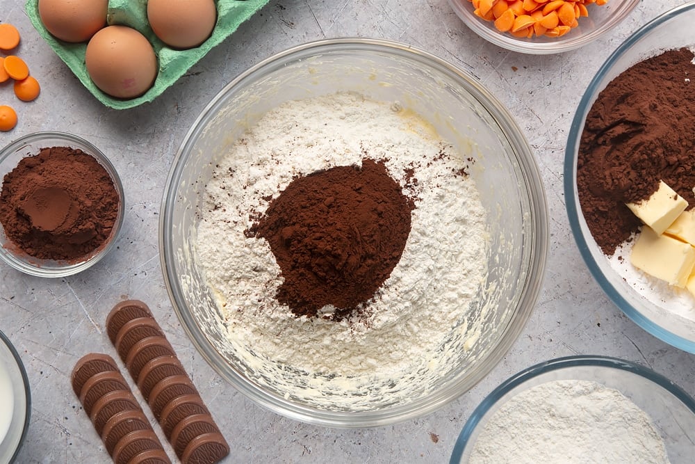 Overhead shot of flour and cocoa powder in a large mixing bowl