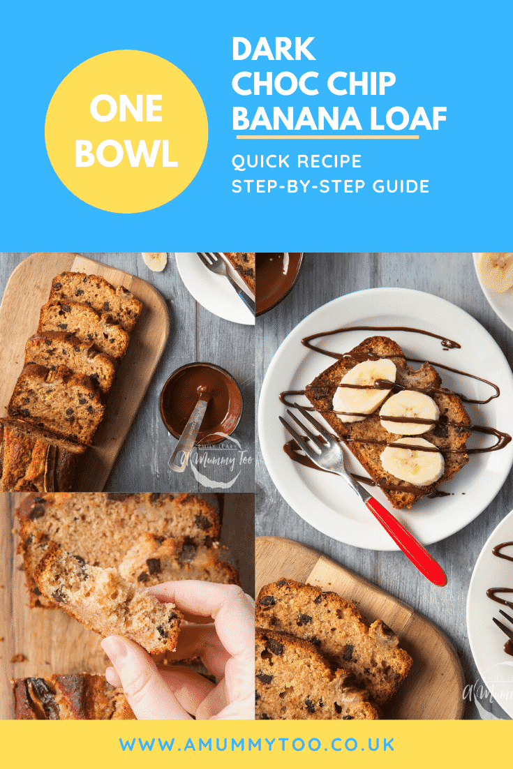 graphic text ONE BOWL DARK CHOC BANANA LOAF QUICK RECIPE STEP-BY-STEP GUIDE above collage of three photos of dark chocolate banana loaf with website URL below