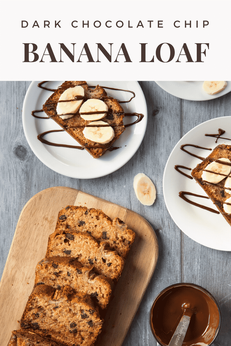 graphic text dark chocolate chip banana loaf above Overhead shot of dark chocolate chip banana loaf served on a wooden plate