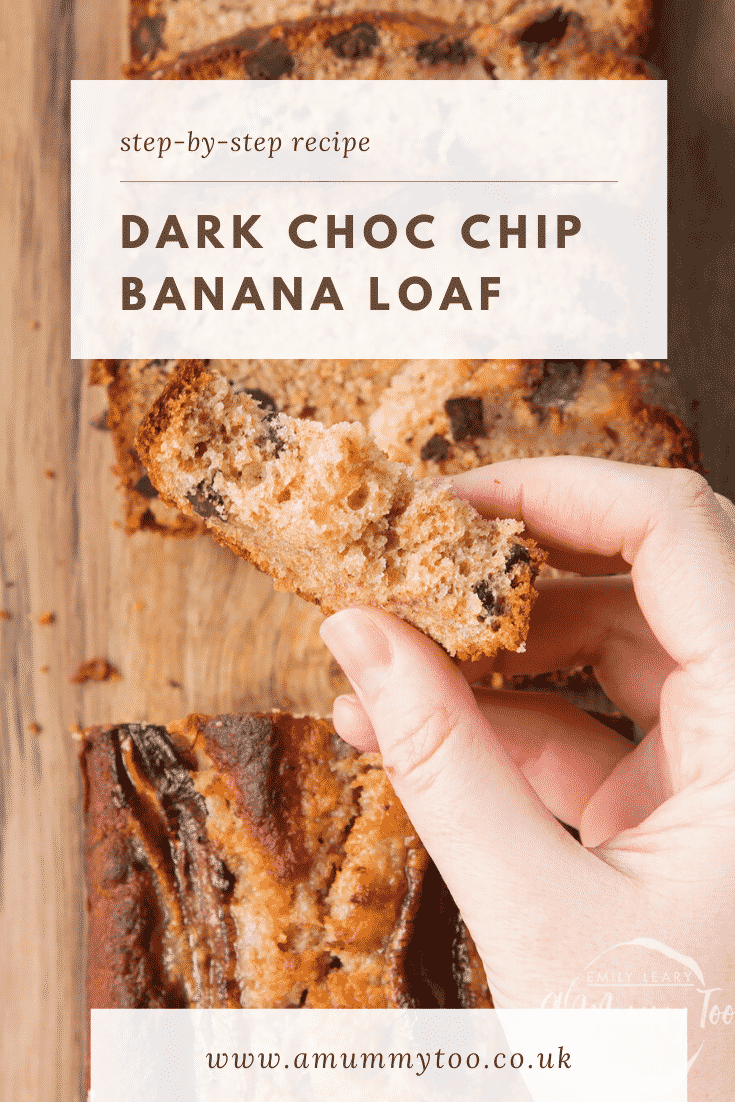 graphic text step-by-step recipe DARK CHOC CHIP BANANA LOAF above Overhead shot of a hand holding a dark chocolate chip banana loaf