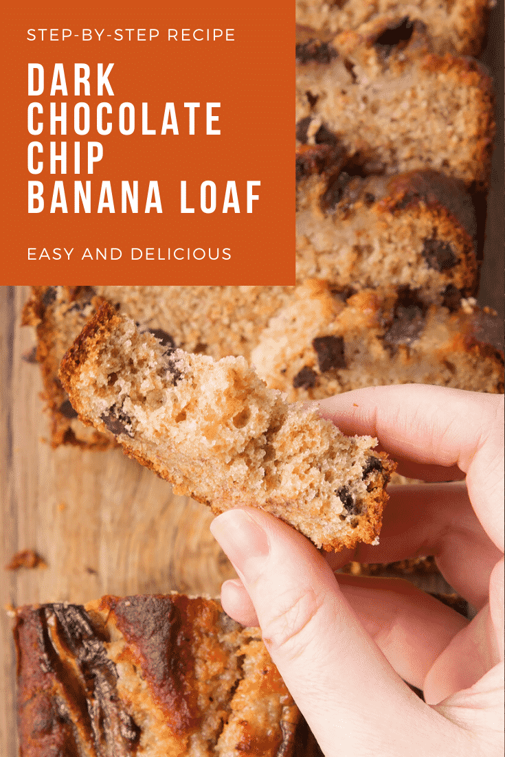 graphic text STEP-BY-STEP RECIPE DARK CHOCOLATE CHIP BANANA LOAF EASY AND DELICIOUS above a hand holding a dark chocolate banana loaf