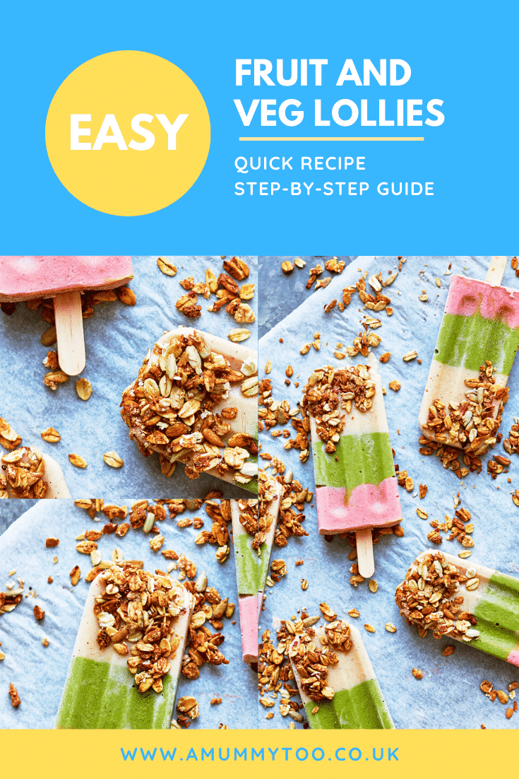 A collage of fruit and veg lollies arranged on a piece of baking paper on a granite board. The lollies have been dipped in granola. Caption reads: Easy fruit and veg lollies - quick recipe - step-by-step guide