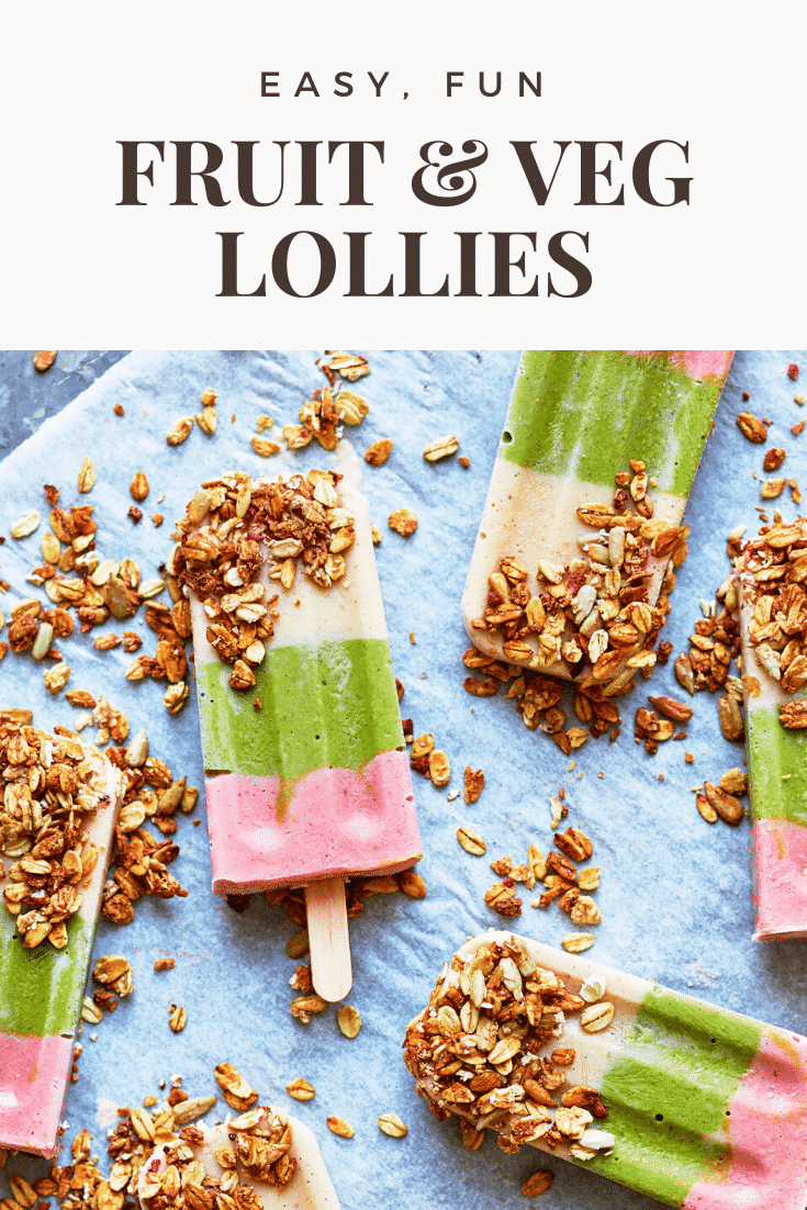Fruit and veg lollies arranged on a piece of baking paper on a granite board. The lollies have been dipped in granola. Caption reads: Easy, fun fruit and veg lollies