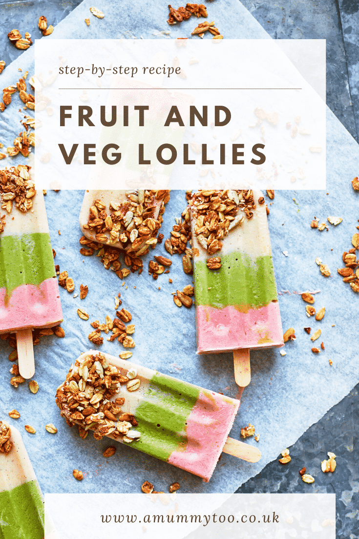 Fruit and veg lollies arranged on a piece of baking paper on a granite board. The lollies have been dipped in granola. Caption reads: step-by-step recipe fruit and veg lollies