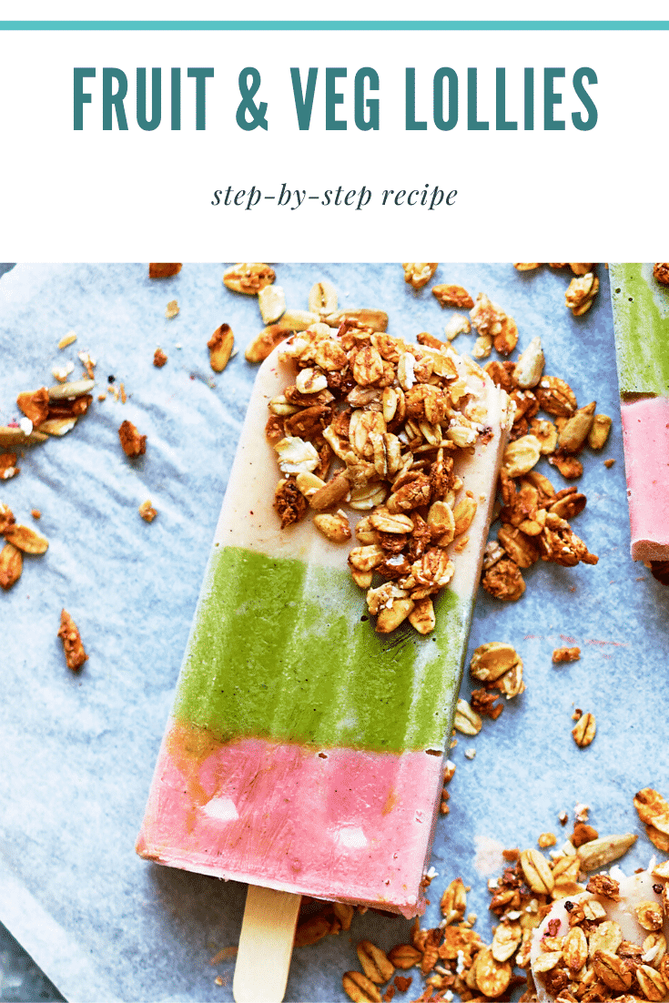 Fruit and veg lollies arranged on a piece of baking paper on a granite board. The lollies have been dipped in granola. Caption reads: fruit and veg lollies step-by-step recipe