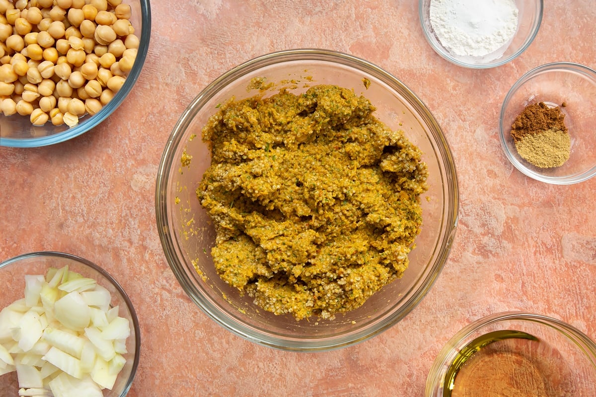 A bowl of harissa falafel paste with quinoa.