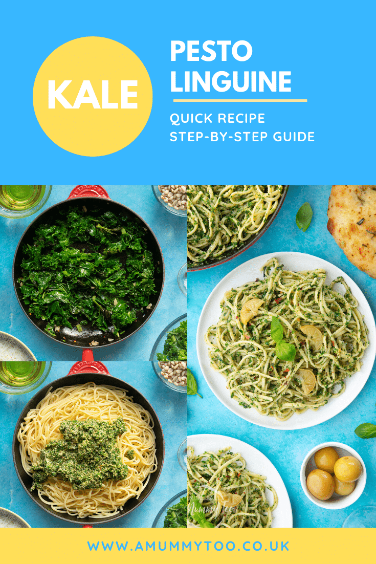 A collage of pictures to show how kale pesto linguine is made. A caption reads: kale pesto linguine - quick recipe - step-by-step guide