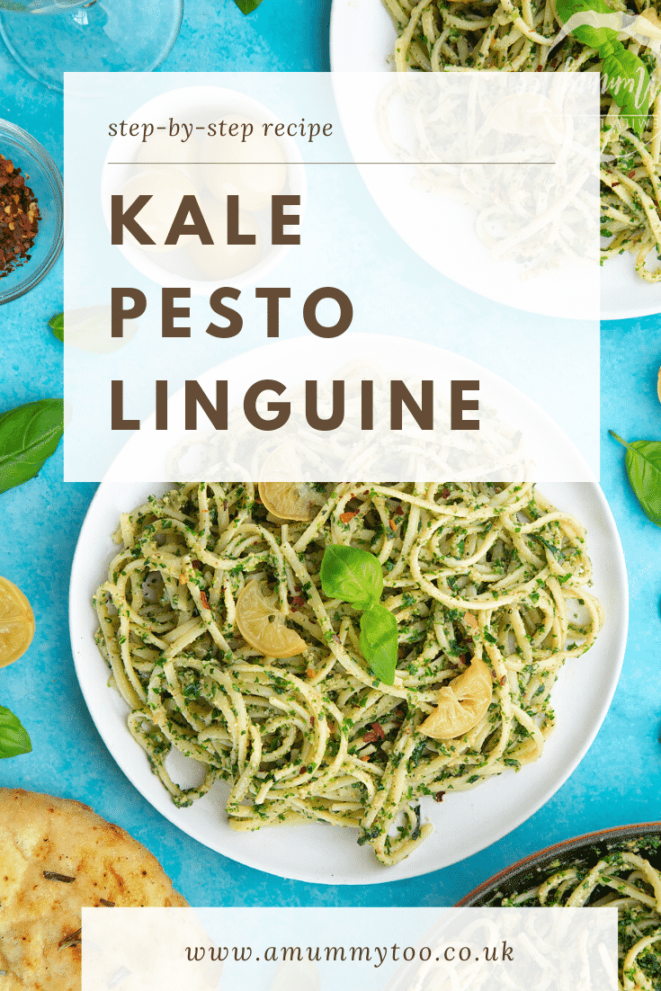 A white plate with kale pesto linguine, topped with basil and slices of preserved lemons. A caption reads: step-by-step recipe preserved lemon kale pesto linguine