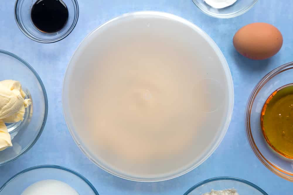 Overhead shot of cake mix in a large bowl