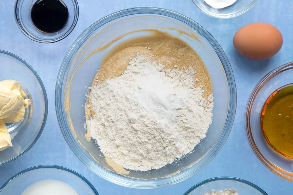 Overhead shot of butter mix in a large clear bowl