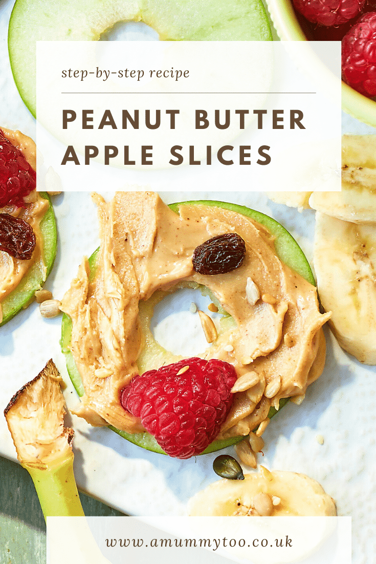 An apple slice topped with peanut butter surrounded by other topping ingredients. The caption reads: step-by-step recipe peanut butter apple slices.