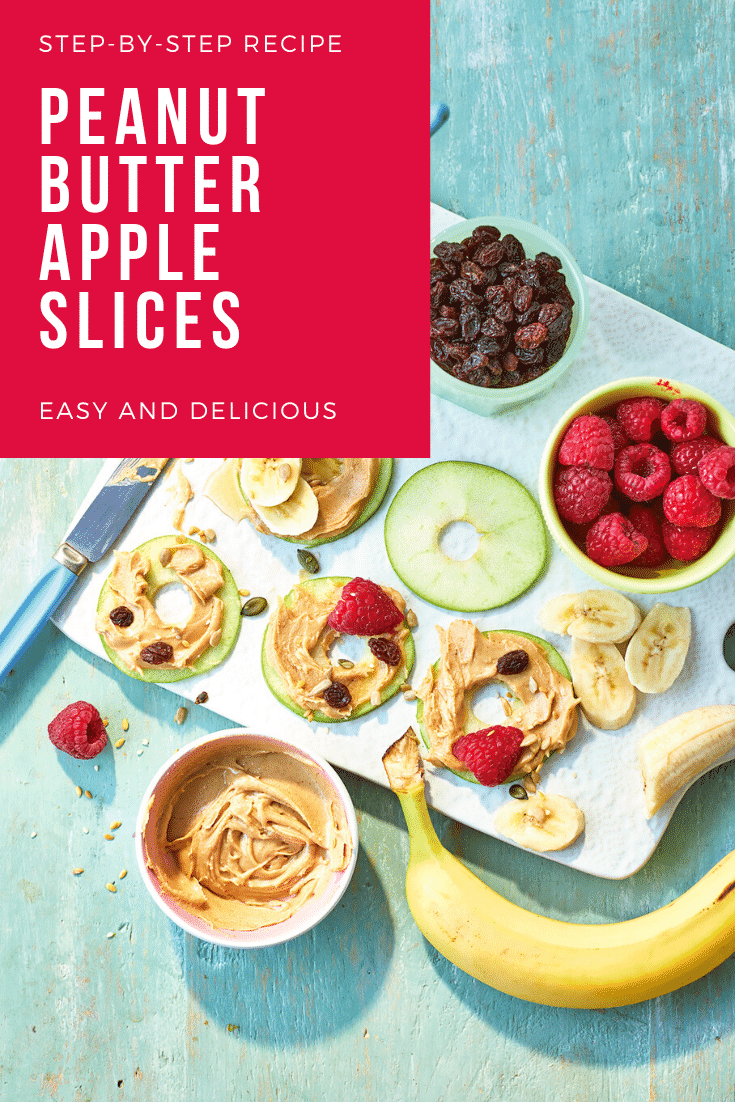 Apple slices topped with peanut butter on a white board surrounded by other topping ingredients in bowls. The caption reads: step-by-step recipe peanut butter apple slices easy and delicious