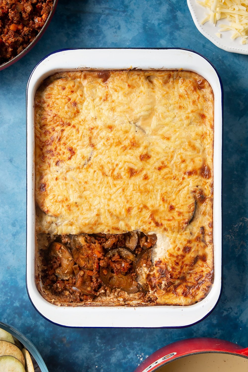 Overhead shot of Quorn Meat Free Mince Moussaka served on a large white roasting tray