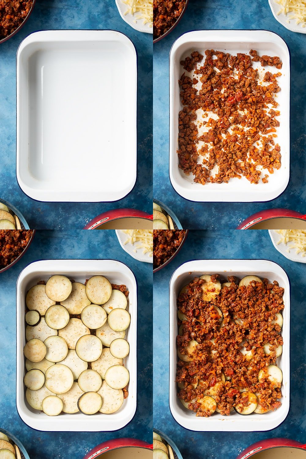 collage of four photos of overhead shots of a large white roasting tray, mince on a large white roasting tray, aubergine slices on a large white roasting tray, and mince on top of aubergine on a large white roasting tray