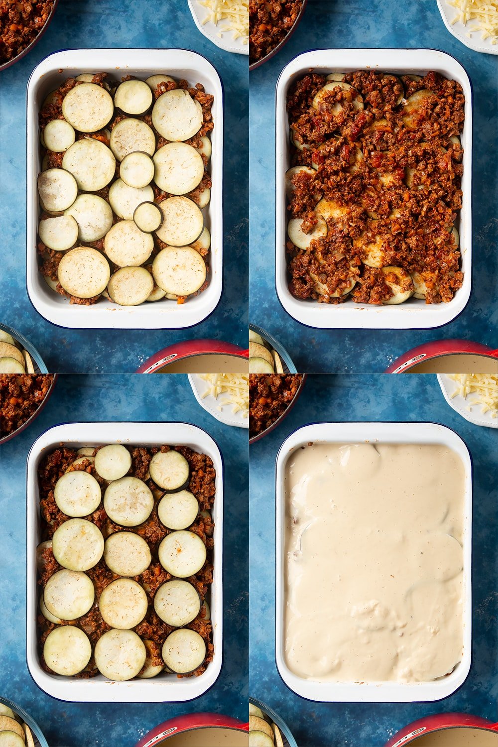 collage of four photos of overhead shots of aubergine on top of mince on a large white roasting tray, mince on top of aubergine on a large white roasting tray, aubergine on top of mince on a large white roasting tra,y and quorn meat free mince moussaka covered with white sauce on a large white roasting tray