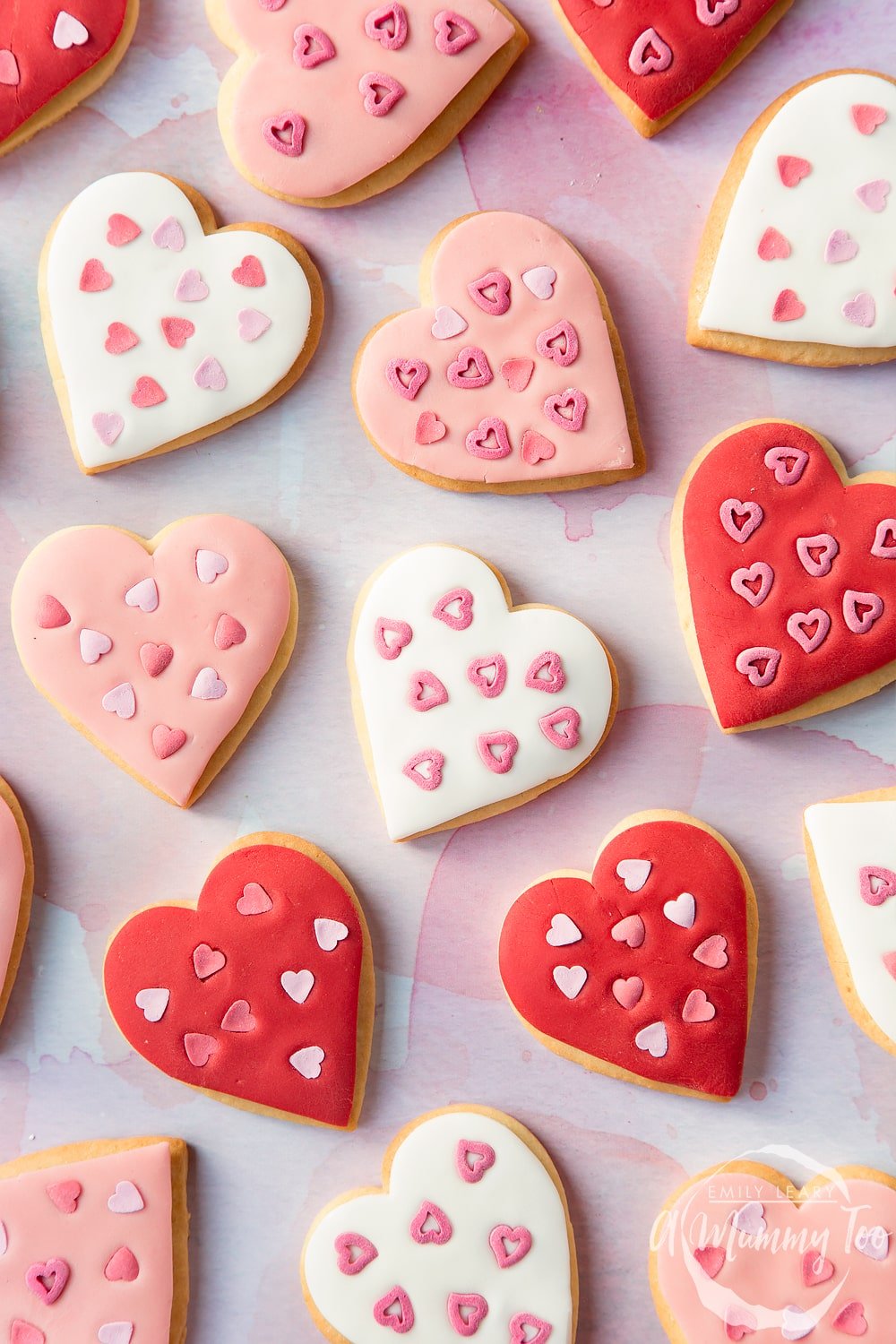 Overhead shot of heart shaped biscuits for Valentines day