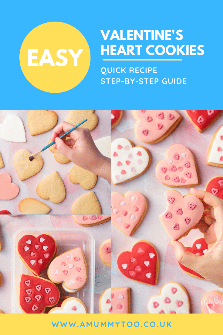 graphic text EASY VALENTINE'S DAY COOKIES QUICK RECIPE STEP-BY-STEP GUIDE above collage of three photos of valentines day cookies with website URL below