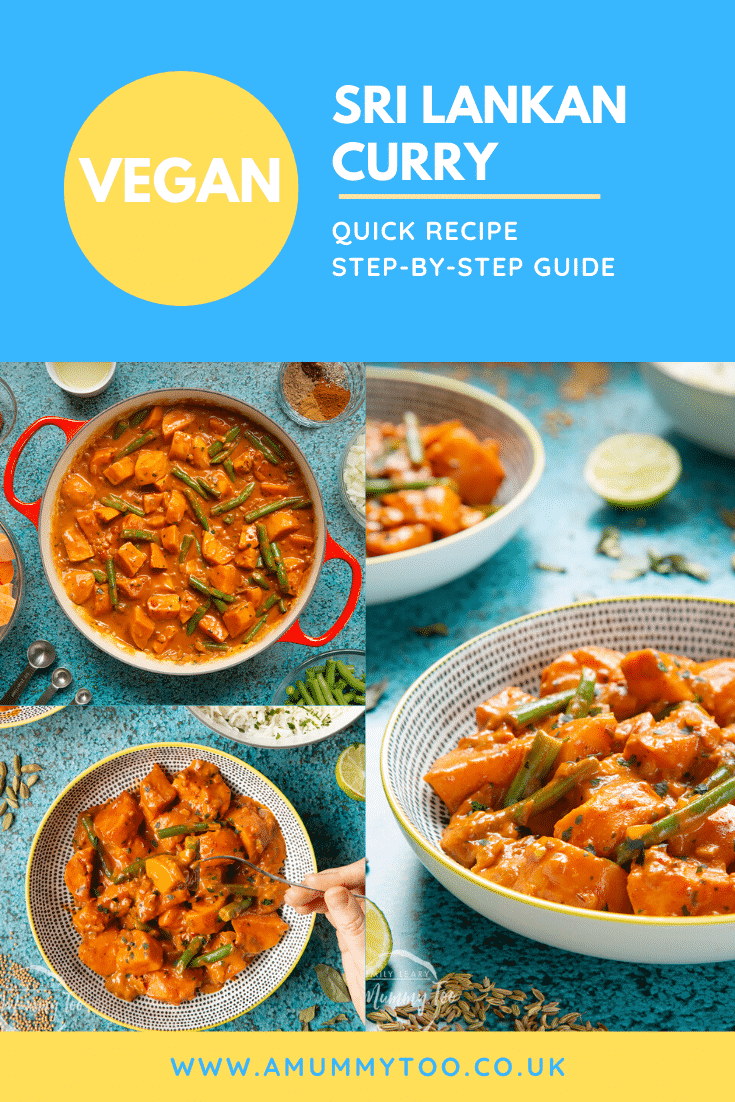 Collage of images showing a curry in a pan or bowl on a blue background surround by ingredients. Caption reads: Vegan Sri Lankan Curry - Quick Recipe - Step-by-Step Guide.