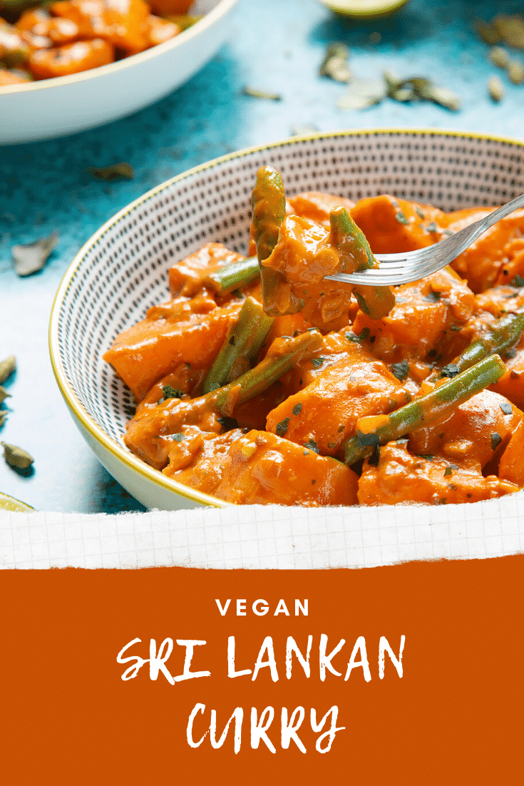 Curry in a bowl with fork reaching in. Caption reads: Vegan Sri Lankan Curry.