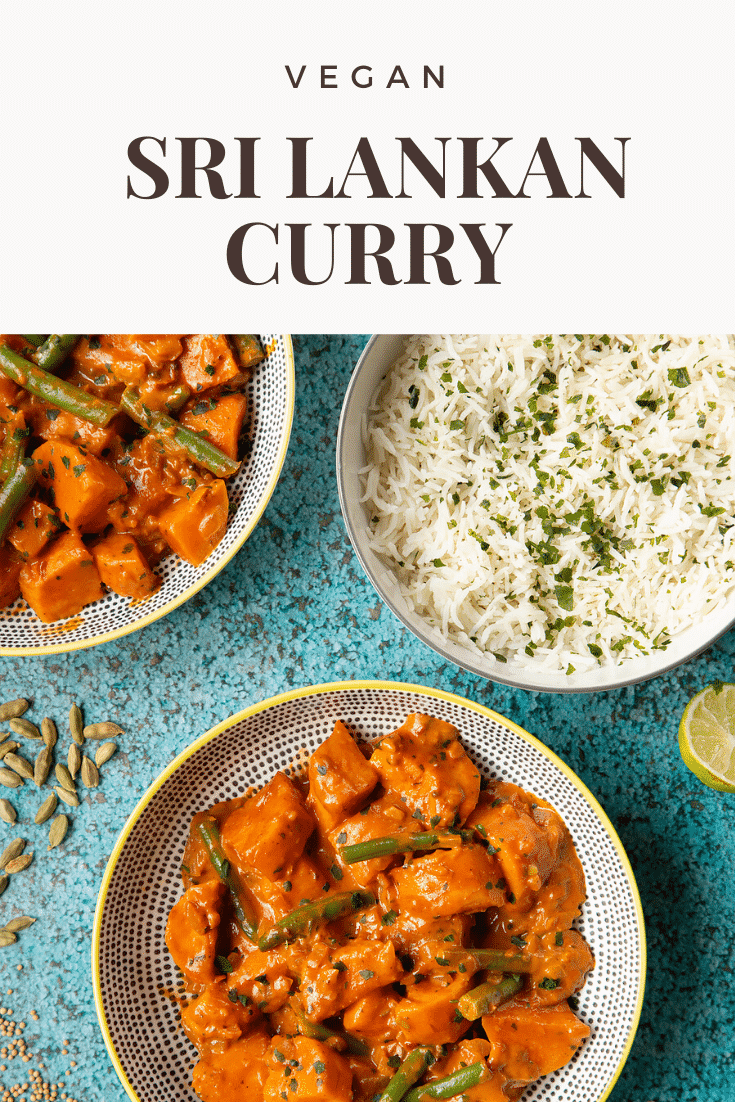 Two bowls of curry and a bowl of rice shown from above. Caption reads: Vegan Sri Lankan Curry.
