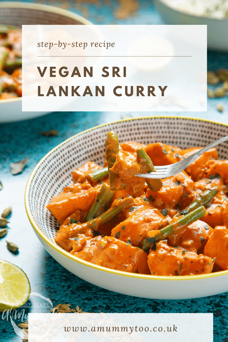 Bowl of curry and a fork digging in. Caption reads: Step-by-Step recipe Vegan Sri Lankan Curry.