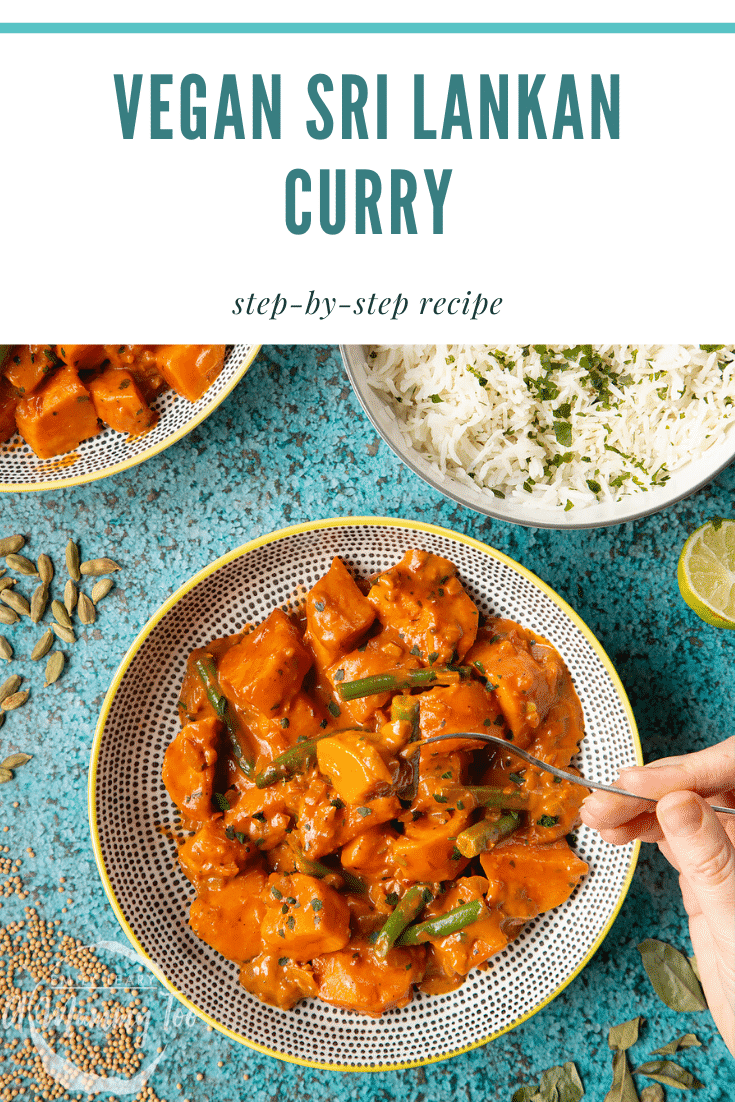 Bowl of curry from above and a fork digging in. Caption reads: Vegan Sri Lankan Curry Step-by-Step recipe