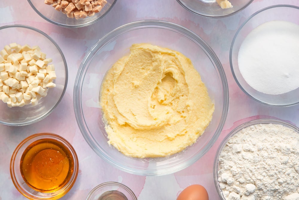 Overhead shot of margarine mix in a clear bowl