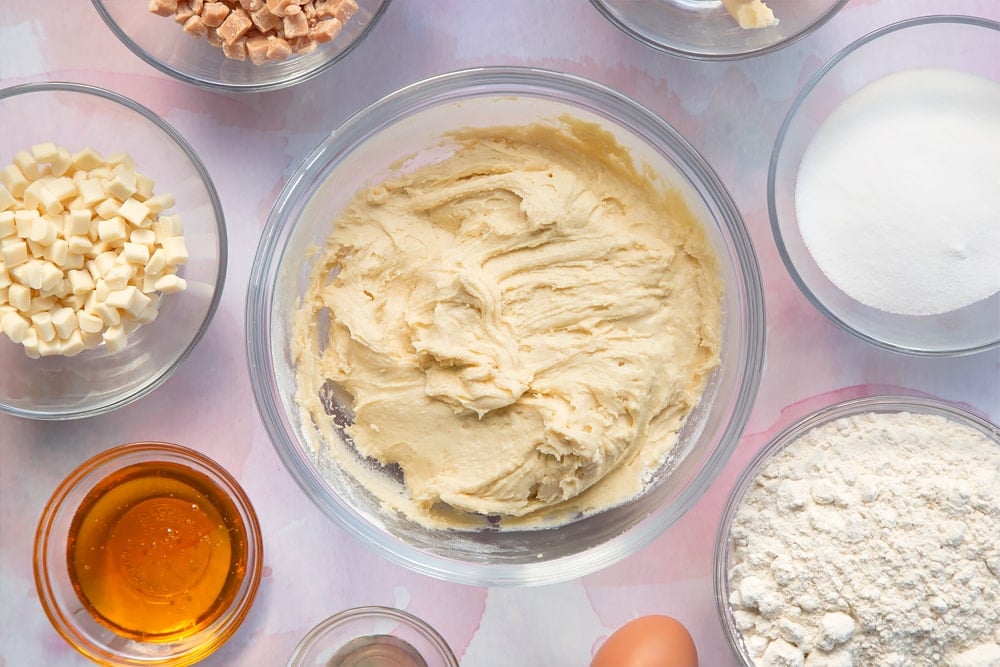 Overhead shot of cookie dough in a clear bowl