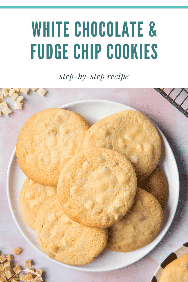 graphic text WHITE CHOCOLATE & FUDGE CHIP COOKIES step-by-step recipe above overhead shot of white chocolate & fudge chip cookies