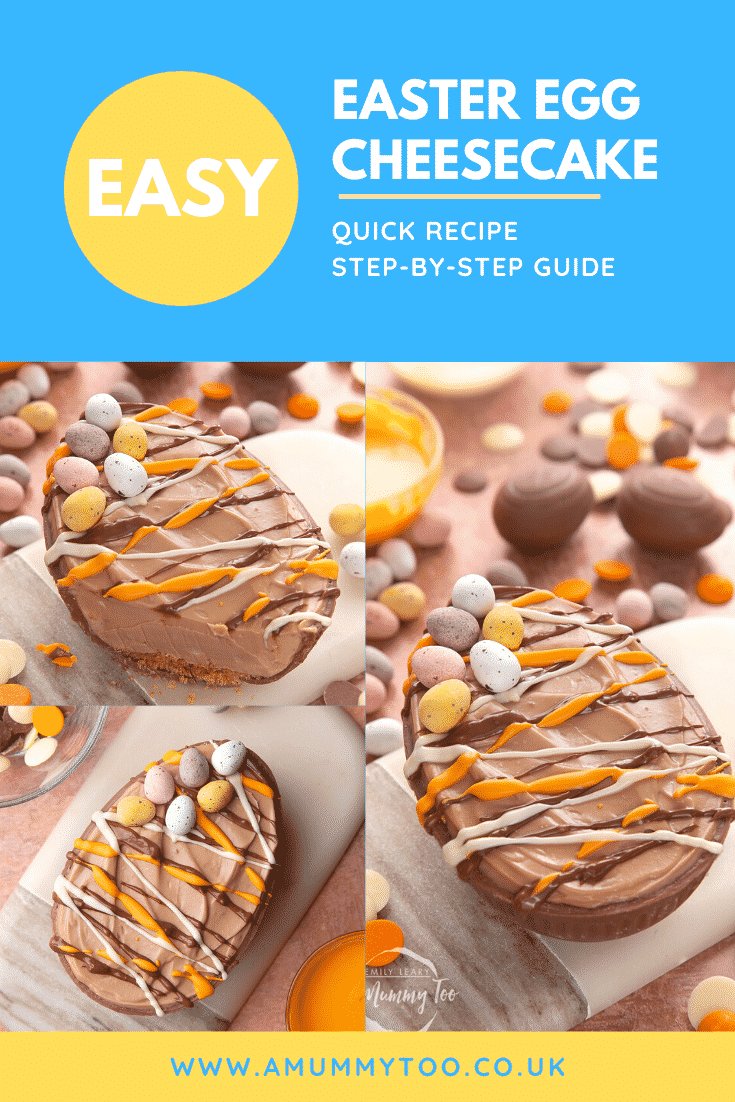 A collage of images showing an Easter Egg cheesecake, decorated with drizzled chocolate and mini eggs. The caption reads: Easy easter egg cheesecake. Quick recipe. Step-by-step guide.