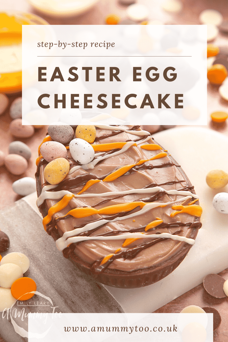 An Easter Egg cheesecake, decorated with drizzled chocolate and mini eggs. The caption reads: Step-by-step recipe. Easter egg cheesecake.