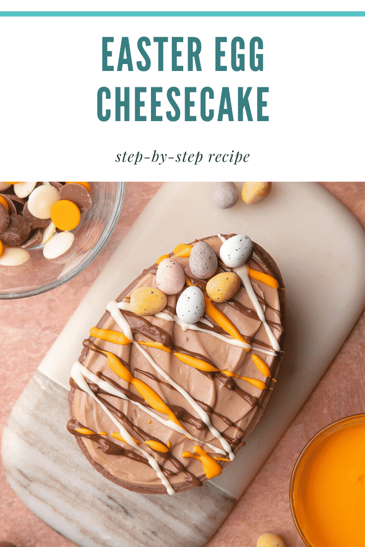 An Easter Egg cheesecake, decorated with drizzled chocolate and mini eggs. The caption reads: Easter egg cheesecake. Step-by-step recipe