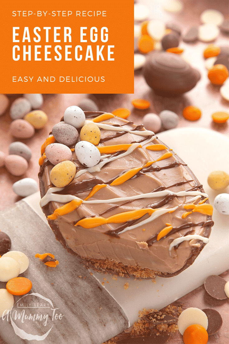 An Easter Egg cheesecake, decorated with drizzled chocolate and mini eggs. It has been cut open to show the biscuit base and creamy chocolate cheesecake filling inside. The caption reads: Step-by-step recipe. Easter egg cheesecake. Easy and delicious.
