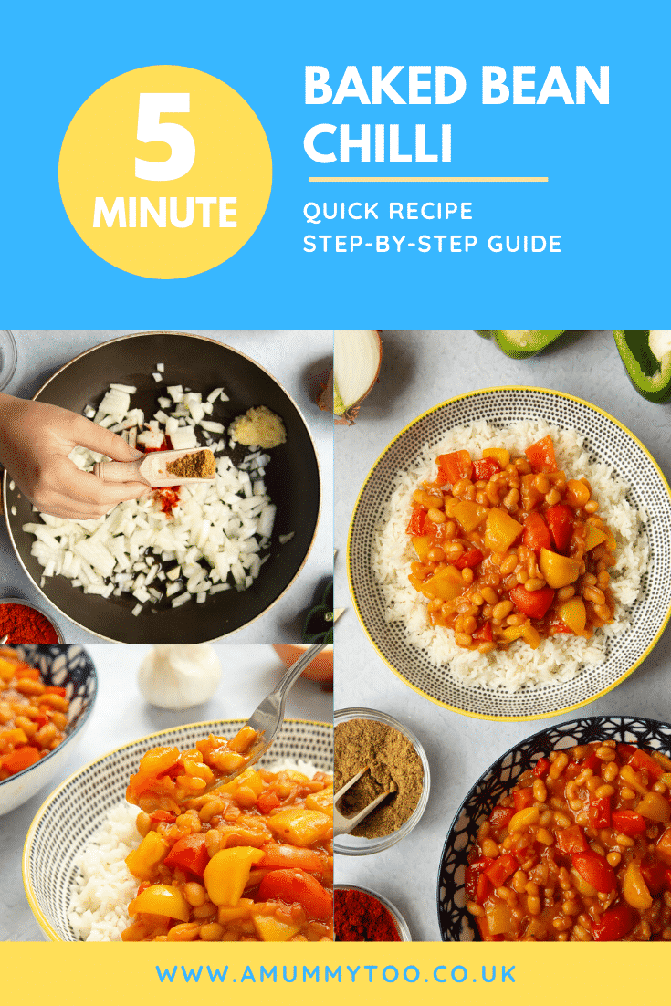 A collage of images shows how to make 5 minute baked bean chilli, with the final image showing it served on a bed of rice in a bowl. Caption reads: 5 minute baked bean chilli. Quick recipe. Step-by-step guide.
