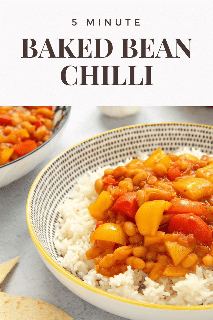 A 5 minute baked bean chilli served on a bed of rice in a bowl. Caption reads: 5 minute baked bean chilli.