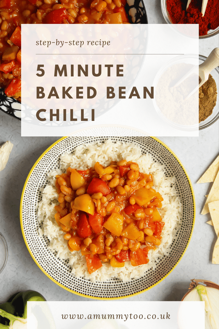 A 5 minute baked bean chilli served on a bed of rice in a bowl, shown from above. Caption reads: step-by-step recipe - 5 minute baked bean chilli.