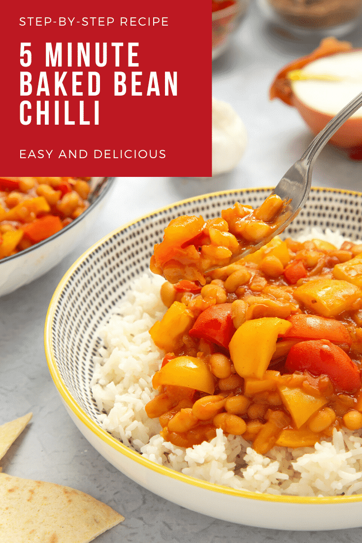 A 5 minute baked bean chilli served on a bed of rice in a bowl. A fork lifts a bite of chilli from the bowl. Caption reads: Step-by-step recipe. 5 minute baked bean chilli. Easy and delicious.