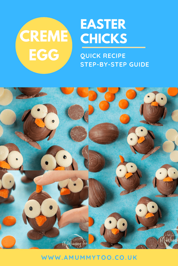 A collage of images show chocolate chicks made from creme eggs and chocolate buttons, arranged on a blue background, surrounded by chocolate buttons. The caption reads: Creme egg Easter chicks