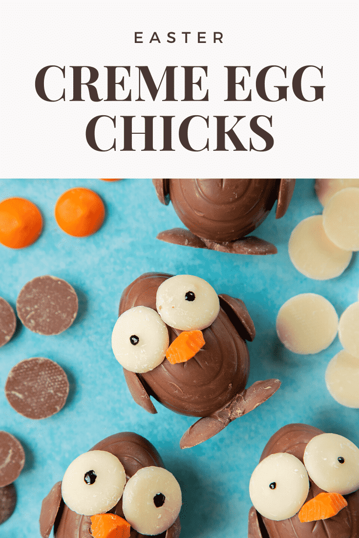 Several chocolate chicks made from a creme eggs and chocolate buttons. The caption reads: Easter creme egg chicks