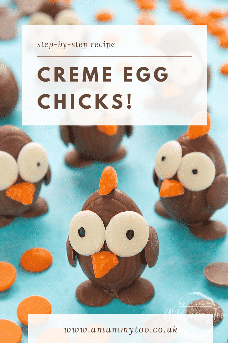 Several chocolate chicks made from a creme eggs and chocolate buttons, standing on a blue background. The caption reads: step-by-step creme egg chicks!