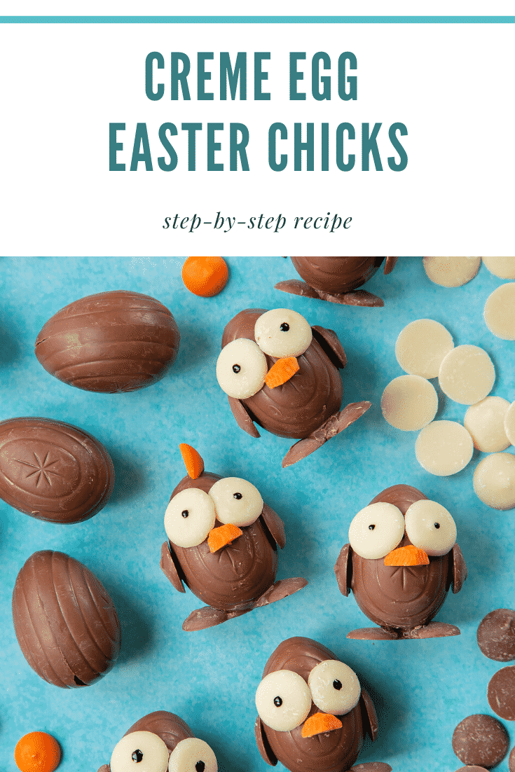 Several chocolate chicks made from a creme eggs and chocolate buttons, laying on a blue background. The caption reads: creme egg chicks step-by-step recipe