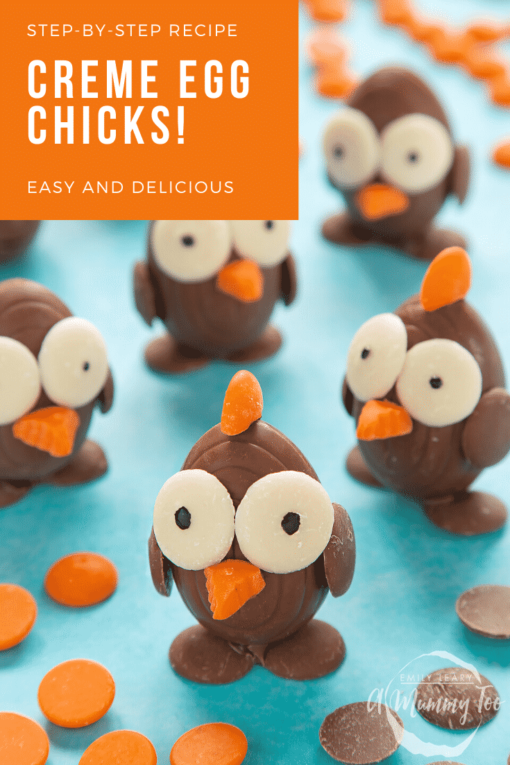Several chocolate chicks made from a creme eggs and chocolate buttons, standing on a blue background. The caption reads: step-by-step recipe creme egg chicks easy and delicious